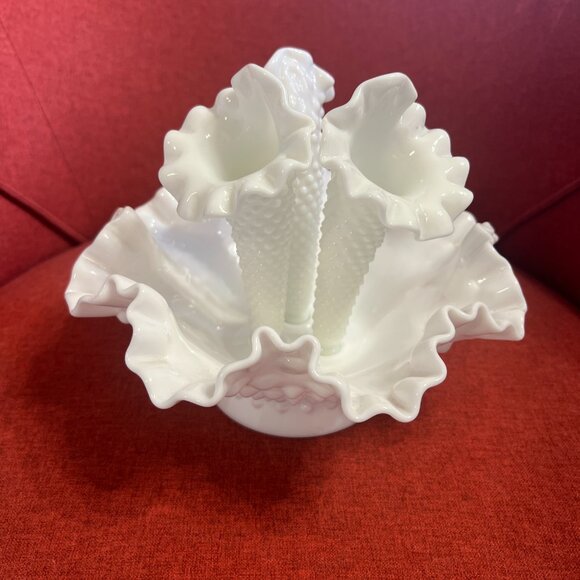 Vintage Fenton Hobnail Milk Glass Epergne: 1950s Ruffled Trumpet Vase - Picture 5 of 11